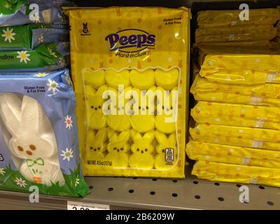 Orlando, FL/USA-3/7/20: Der Peps Marshmallow Bunny und easter Candy Aisle Gang eines Publix Lebensmittelgeschäftes, der darauf wartet, dass Kunden nach dem Kinder-Ea einkaufen Stockfoto