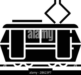 Tram-Symbol schwarz, Konzeptdarstellung, Vektor-Flachsymbol, Glyph-Zeichen. Stock Vektor