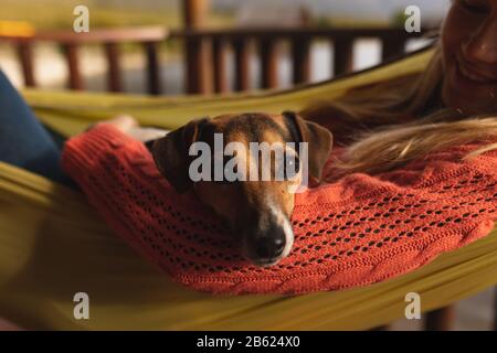 Kaukasische Frau, die die Hängematte mit einem Welpen teilt Stockfoto