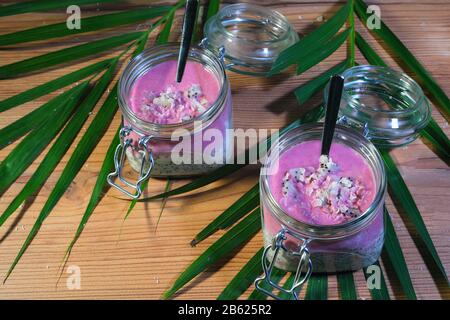 Zwei Quinoa-Puddings in identisch konservierenden Gläsern stehen auf einer Holzplatte, die mit Blättern einer Palme verziert ist, Stockfoto