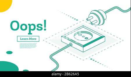 Isometrischer, nicht verstopfter elektrischer Stecker und Buchse, Isoliert auf Weiß. Vektorgrafiken. Minimalistisches Design der 404-Fehlerseite. Stock Vektor