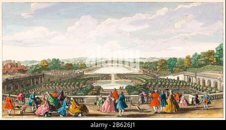 Ein Blick auf die Orangerie im Schloss von Versailles Gärten, gedruckt von John Tinney, 1700-1761 Stockfoto