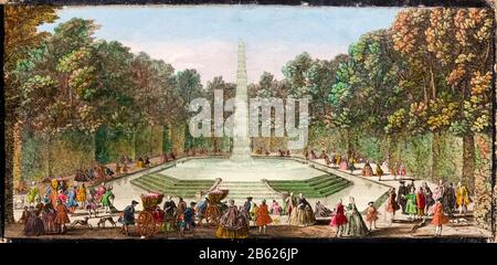 Blick auf den Brunnen des Obelisken (Fontaine de l'Obélisque) im Schloss von Versailles, gedruckt möglicherweise von Jacques Rigaud, 1700-1799 Stockfoto