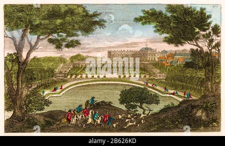 Blick auf die Orangerie und das Schloss von Versailles, gedruckt von Chéreau, 1700-1799 Stockfoto