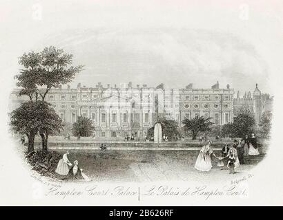 Blick auf den Hampton Court Palace, London, Radierung von 1841-1885 Stockfoto