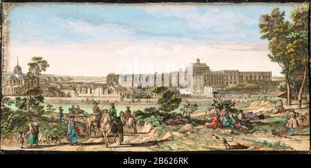 Blick auf die Stadt und das Schloss von Versailles, gedruckt möglicherweise von Jacques Rigaud, 1700-1799 Stockfoto