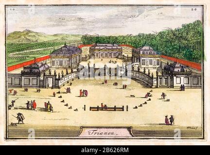 Erhöhter Blick auf das Grand Trianon im Schloss Versailles, gedruckt von Jan Van Vianen, 1735 Stockfoto