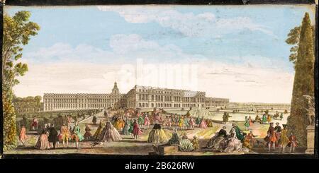 Blick auf das Schloss von Versailles von den Gärten, Druck, 1700-1799 Stockfoto