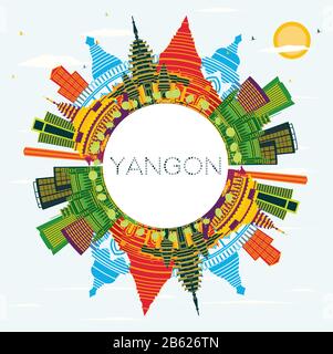Yangon Myanmar City Skyline mit Farbgebäuden, blauem Himmel und Kopierraum. Vektorgrafiken. Stock Vektor