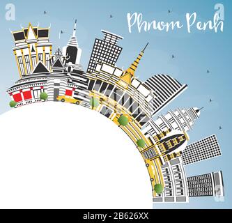 Phnom Penh Kambodscha Skyline der Stadt mit Gebäuden, blauer Himmel und Kopieren. Vector Illustration. Stock Vektor