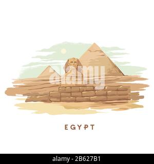 Farbenfrohe, handgezeichnete Vektorgrafiken der Pyramide von Gizeh, Sphinx, Ägypten handgezeichnet in einem weißen Hintergrund. Stock Vektor
