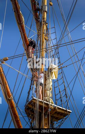 Esbjerg, Dänemark - 02. August 2014: Matrosen oben am Mast, um Segel zu arrangieren. Große Schiffe Rennen im Esbjerg Hafen Stockfoto