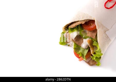 Döner Kebab oder Shawarma Sandwich isoliert auf weißem Hintergrund.Kopieren Sie Raum Stockfoto