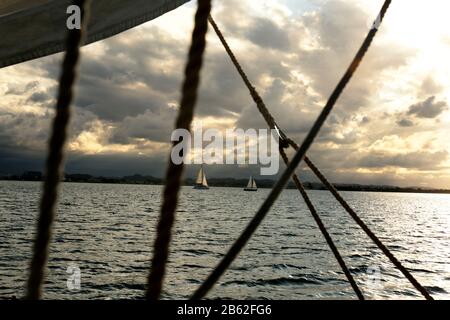 Ansicht der Segelboote in der Bucht von San Juan in San Juan Puerto Rico, wie am 1. März 2020 fotografiert. Stockfoto