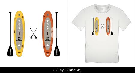 Druck auf T-Shirt Grafikdesign, Paddle Board und Surfboard, Air Sup Rescue, isoliert auf weißem Hintergrund Vektor Stock Vektor