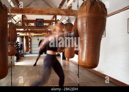 Action-Shot Von Boxern Für Männer Und Frauen Im Fitness-Studio Mit Ledertasche Stockfoto