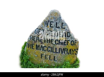 Kopfstein, der das Grab des gefallenen Jakobitenchefs des Clan MacGillivray auf dem Schlachtfeld von Culloden, Schottland, Großbritannien vor weißem Hintergrund markiert Stockfoto