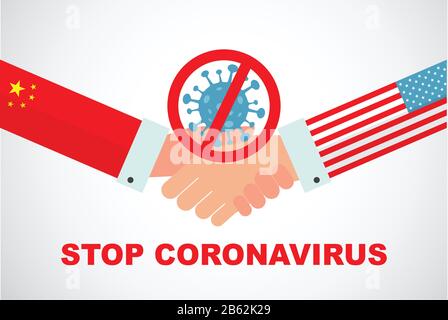 Konzept des Ikone des Stoppens des Corona-Virus: China und USA schütteln die Hände und finden eine Lösung, um CARONAVIRUS ZU STOPPEN. Corona-Virus. 2019-nCoV. Corona Stock Vektor