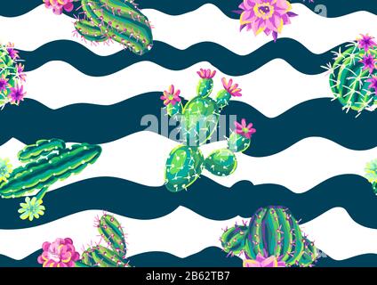 Nahtloses Muster mit Kakteen und Blumen. Stock Vektor