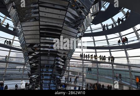 Berlin, Deutschland. März 2020. Die Menschen besuchen die Kuppel des Reichstags-Gebäudes. Als Reaktion auf die Corona-Epidemie wird der Bundestag den Reichstagskuppel und die Dachterrasse für Besucher ab Dienstag, dem 10. März 2020 schließen. Kredit: Sonja Wurtscheid / dpa / Alamy Live News Stockfoto