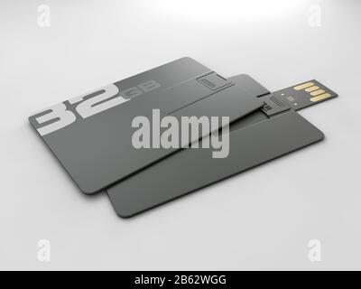 3D-Rendering von USB-Karten-Mockup aus Kunststoff, Visiting Flash Drive Namecard Mock up for 32 GB Clipping Path incl Stockfoto