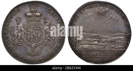 Deutschland Deutsche Braunschweig-Callenberg-Hannoversche Silbermünze 1-Thaler, 174, Landesherr Georg III. König von England, bekrönter Schild umgeben von Strumpflanke Stockfoto