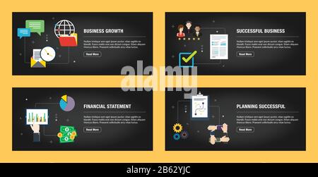 Satz von Internet-Banner-Designvorlagen für Websites, Internetmarketing und Unternehmen. Geschäftswachstum, erfolgreiches Geschäft, Finanzauszug und Stock Vektor