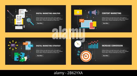 Satz von Internet-Banner-Designvorlagen für Websites, Internetmarketing und Unternehmen. Analyse des digitalen Marketings, Content-Marketing, Strategie und Stock Vektor
