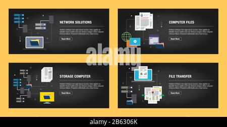 Satz von Internet-Banner-Designvorlagen für Websites, Internetmarketing und Unternehmen. Netzwerklösungen, Computerdateien, Speichercomputer und Datei Stock Vektor