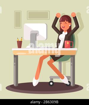 Junge Geschäftsfrau, die an einem Laptop an einer neuen Geschäftsidee arbeitet. Erfolgreiches Konzept der Geschäftsidee. Flaches Design Stock Vektor