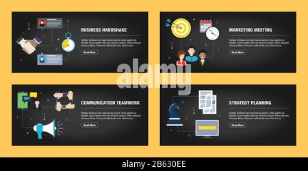 Satz von Internet-Banner-Designvorlagen für Websites, Internetmarketing und Unternehmen. Business-Handshake, Marketing-Meeting, Kommunikations-Teamwork Stock Vektor