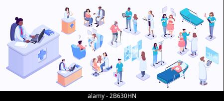 Isometrische Darstellung von medizinischen Mitarbeitern und Patienten. Krankenhäuser, Ärzte, Patienten, Empfang Stock Vektor