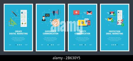 Vektor einrichten der vertikalen Web Banner mit Digital Marketing, Erfahrung und Sicherheit Kommunikation, Schutz e-mail marketing. Vektor banner Vorlage für Stock Vektor