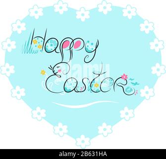 Feiertagsvektor Illustration, Grußpostkarte, Poster, Banner, Flyer. Kaninchenhase, Eier, Blumen, Vögel, Blätter. Lustige Doodle-Komposition fro Stock Vektor