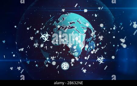 Wachstum der Virusinfektion. Virale Pandemie, Epidemie, Medizin, Coronavirus, Gesundheit, Kovid-19, globale Erhöhung der Warnsymbole auf rotierendem Globus 3d illustrat Stockfoto