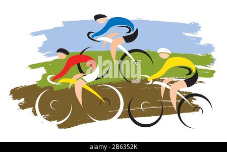 Cyclocross Mountain Bike, Radfahrer. Ausdrucksstarke stilisierte Zeichnung von drei Radfahrern auf grunzem Hintergrund. Vektor verfügbar. Stock Vektor