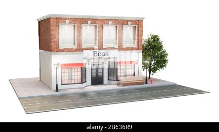 Buchhandlung oder Bibliothek. Außenansicht eines Gebäudes in der Nähe der Straße auf weißem Grund. Der Blick von der Straße ist eine Bank mit Mülltonne, Straße Stockfoto