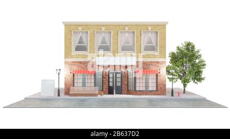 Außenansicht eines Gebäudes mit zwei Mockups oder Bannern für Ihren Text. Der Blick von der Straße ist eine Bank mit Mülltonne, Straßenbeleuchtung Hydrant und A. Stockfoto