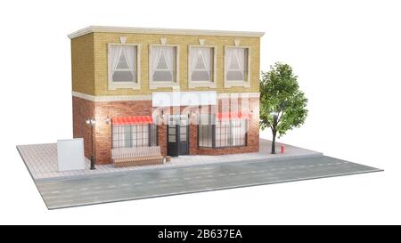 Außenansicht eines Gebäudes mit zwei Mockups oder Bannern für Ihren Text. Der Blick von der Straße ist eine Bank mit Mülltonne, Straßenbeleuchtung Hydrant und A. Stockfoto