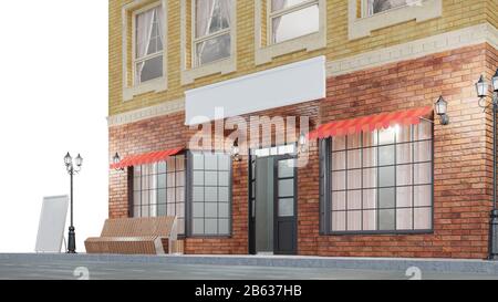 Außenansicht eines Gebäudes mit zwei Mockups oder Bannern für Ihren Text. Der Blick von der Straße ist eine Bank mit Mülltonne, Straßenbeleuchtung, 3d Stockfoto