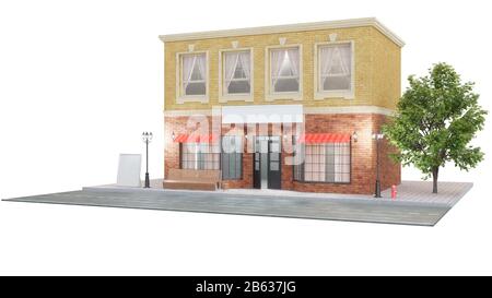 Außenansicht eines Gebäudes mit zwei Mockups oder Bannern für Ihren Text. Der Blick von der Straße ist eine Bank mit Mülltonne, Straßenbeleuchtung Hydrant und A. Stockfoto