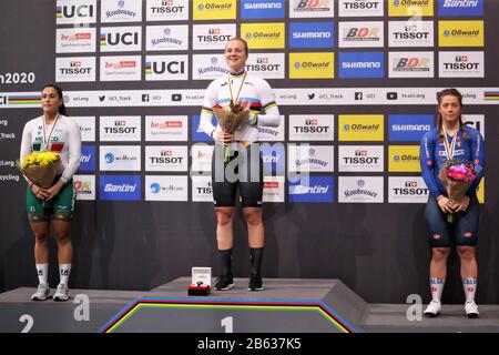 Jessica Salazar Challes aus Mexiko, Lea Sophie Friedrich aus Deutschland und Miriam Vece aus Italien Frauen 500m Zeitfahren - Podium während der von Tissot am 29. Februar 2020 auf dem Velodrom in Berlin präsentierten Radfahrer-Weltmeisterschaften 2020 - Foto Laurent Lairys/DPPI Stockfoto