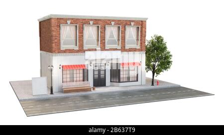 Außenansicht eines Gebäudes mit zwei Mockups oder Bannern für Ihren Text. Der Blick von der Straße ist eine Bank mit Mülltonne, Straßenbeleuchtung Hydrant und A. Stockfoto