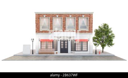 Außenansicht eines Gebäudes mit zwei Mockups oder Bannern für Ihren Text. Der Blick von der Straße ist eine Bank mit Mülltonne, Straßenbeleuchtung Hydrant und A. Stockfoto