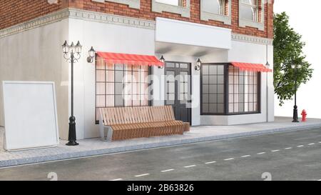 Außenansicht eines Gebäudes mit zwei Mockups oder Bannern für Ihren Text. Der Blick von der Straße ist eine Bank mit Mülltonne, Straßenbeleuchtung Hydrant und A. Stockfoto