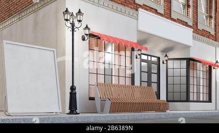 Außenansicht eines Gebäudes mit zwei Mockups oder Bannern für Ihren Text. Der Blick von der Straße ist eine Bank mit Mülltonne, Straßenbeleuchtung, 3d Stockfoto
