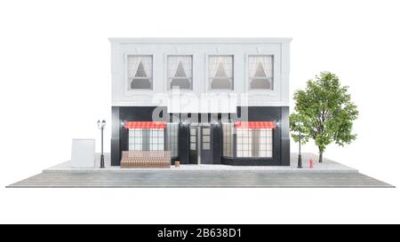 Außenansicht eines Gebäudes mit zwei Mockups oder Bannern für Ihren Text. Der Blick von der Straße ist eine Bank mit Mülltonne, Straßenbeleuchtung Hydrant und A. Stockfoto