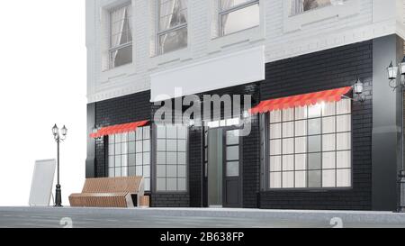 Außenansicht eines Gebäudes mit zwei Mockups oder Bannern für Ihren Text. Der Blick von der Straße ist eine Bank mit Mülltonne, Straßenbeleuchtung, 3d Stockfoto