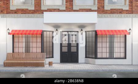 Außenansicht eines Gebäudes mit zwei Mockups oder Bannern für Ihren Text. Der Blick von der Straße ist eine Bank mit Mülltonne, Straßenbeleuchtung, 3d Stockfoto