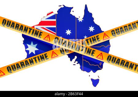 Quarantäne in Australien Konzept. Australische Karte mit Warnbändern, 3D-Rendering isoliert auf weißem Hintergrund Stockfoto